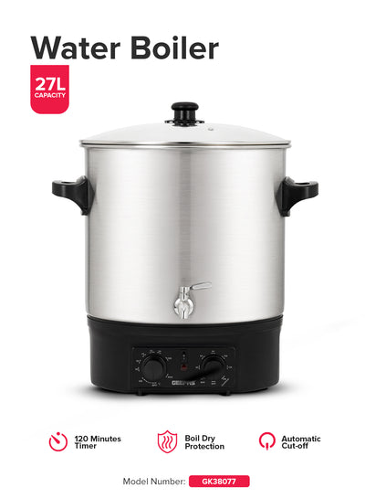 Geepas 27 liter Water Boiler- GK38077/ Stainless Steel Housing and Faucet, Tempered Glass Lid/ 120 minutes Timer, Boil Dry Protection and Temperature Control