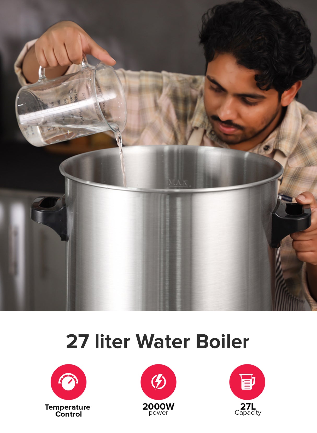 Geepas 27 liter Water Boiler- GK38077/ Stainless Steel Housing and Faucet, Tempered Glass Lid/ 120 minutes Timer, Boil Dry Protection and Temperature Control