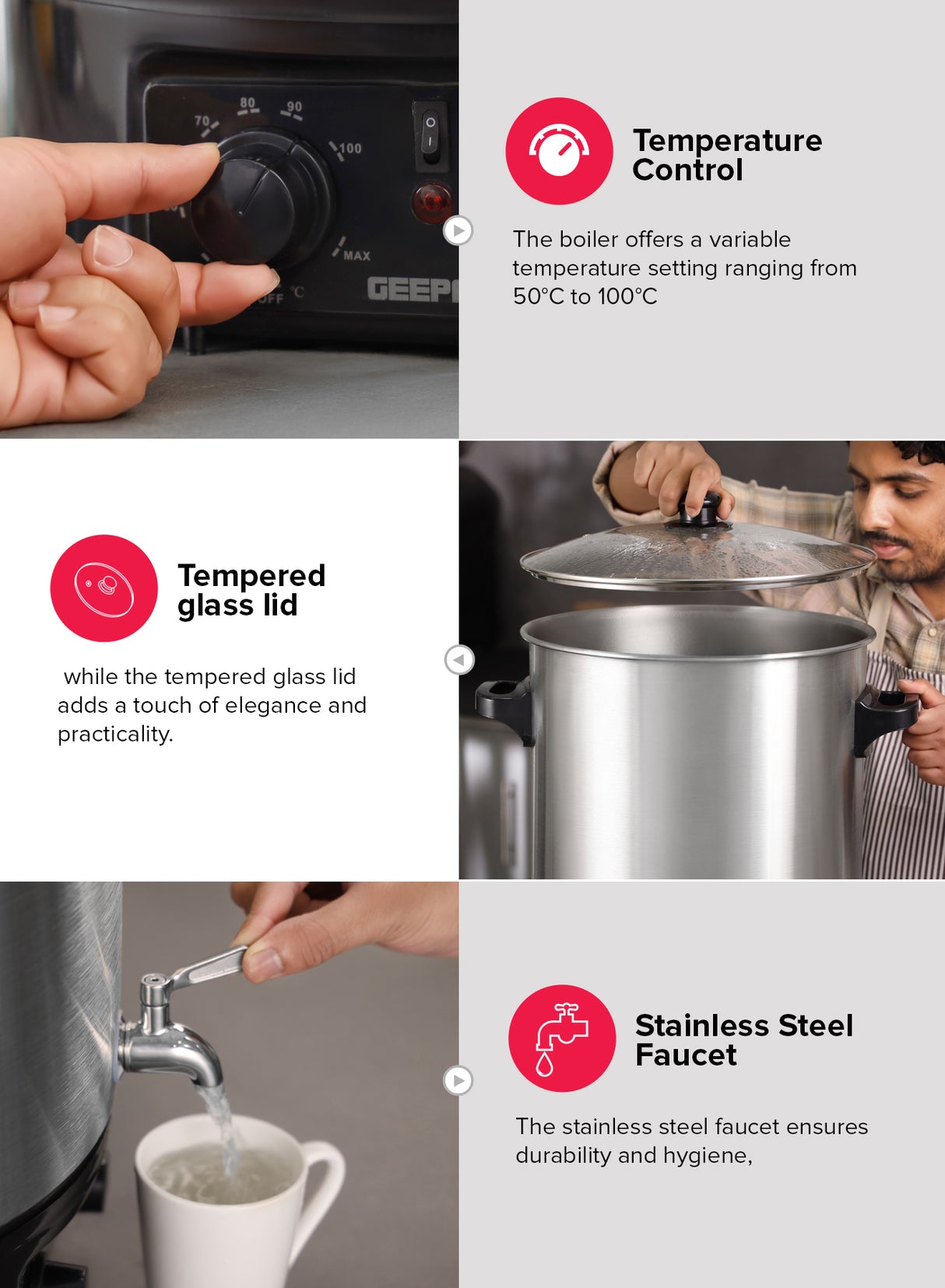 Geepas 27 liter Water Boiler- GK38077/ Stainless Steel Housing and Faucet, Tempered Glass Lid/ 120 minutes Timer, Boil Dry Protection and Temperature Control