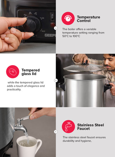 Geepas 27 liter Water Boiler- GK38077/ Stainless Steel Housing and Faucet, Tempered Glass Lid/ 120 minutes Timer, Boil Dry Protection and Temperature Control