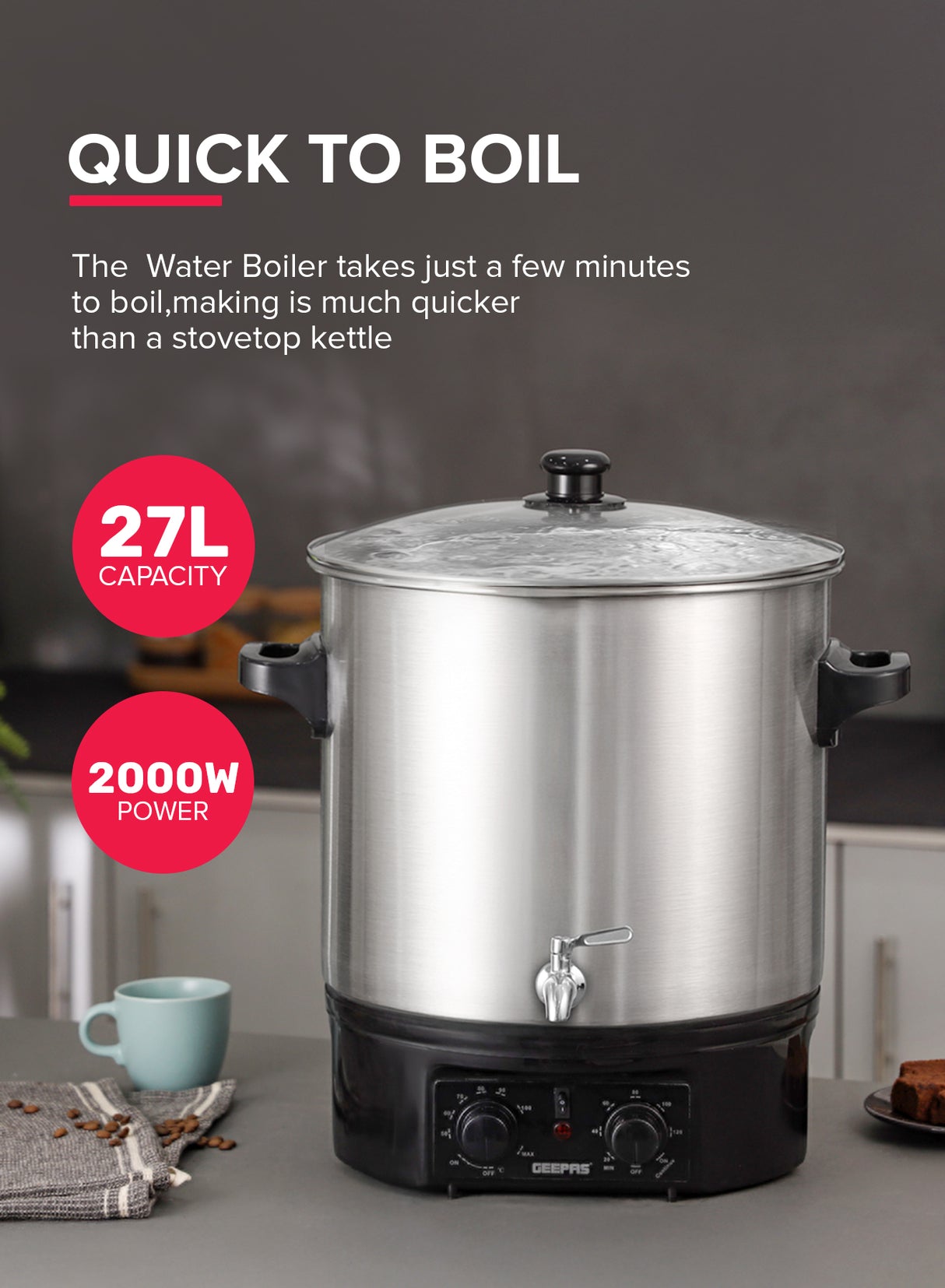 Geepas 27 liter Water Boiler- GK38077/ Stainless Steel Housing and Faucet, Tempered Glass Lid/ 120 minutes Timer, Boil Dry Protection and Temperature Control