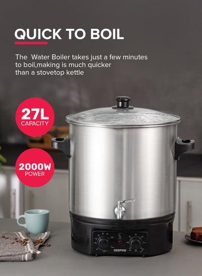 Geepas 27 liter Water Boiler- GK38077/ Stainless Steel Housing and Faucet, Tempered Glass Lid/ 120 minutes Timer, Boil Dry Protection and Temperature Control