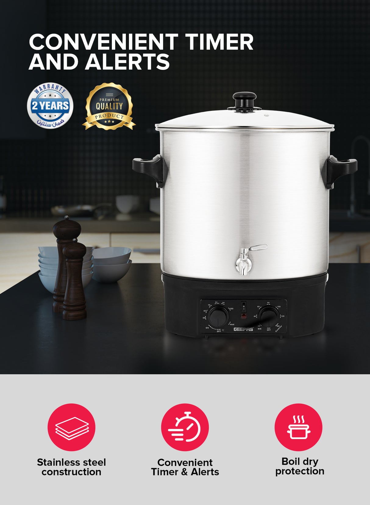 Geepas 27 liter Water Boiler- GK38077/ Stainless Steel Housing and Faucet, Tempered Glass Lid/ 120 minutes Timer, Boil Dry Protection and Temperature Control