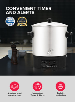 Geepas 27 liter Water Boiler- GK38077/ Stainless Steel Housing and Faucet, Tempered Glass Lid/ 120 minutes Timer, Boil Dry Protection and Temperature Control