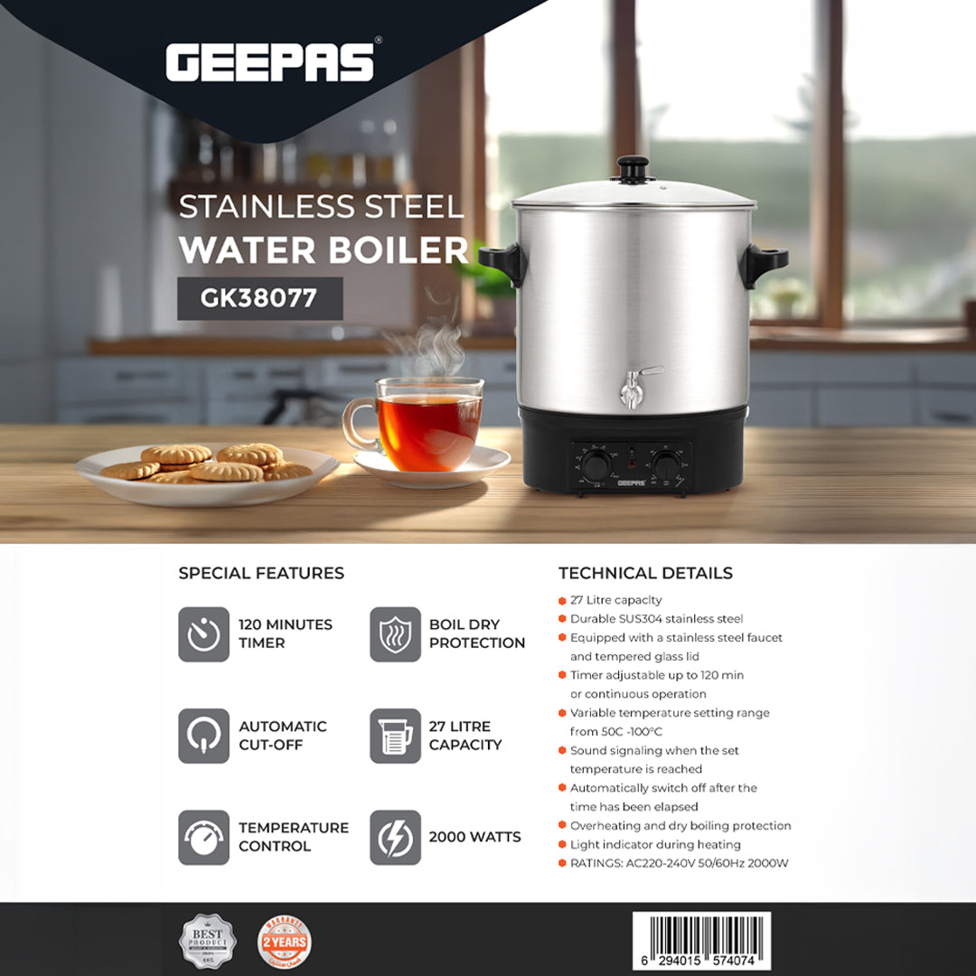 Geepas Stainless Steel Water Boiler 27L GK38077 | 2000W High Performance | Built-in Timer| Boil Dry & Safety Features | Durable Design| Energy Efficient |2 Years Warranty