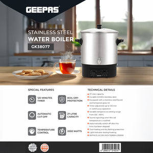 Geepas Stainless Steel Water Boiler 27L GK38077 | 2000W High Performance | Built-in Timer| Boil Dry & Safety Features | Durable Design| Energy Efficient |2 Years Warranty