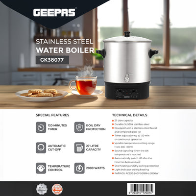 Geepas Stainless Steel Water Boiler 27L GK38077 | 2000W High Performance | Built-in Timer| Boil Dry & Safety Features | Durable Design| Energy Efficient |2 Years Warranty
