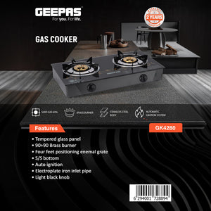 Geepas GK4280 Gas Cooker | 2 Burner Brass Stove with Tempered Glass Panel | Auto Ignition | Stainless Steel Body | 60% Gas Saving | Stylish Design | 2 Years Warranty