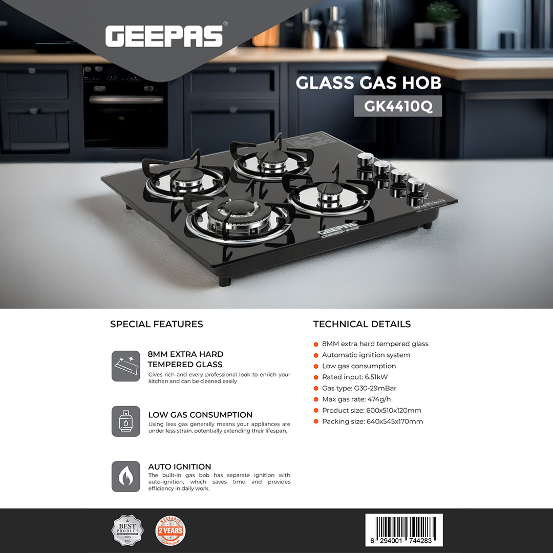 Geepas Glass Gas Hob GK4410 | 4 Burner Gas Stove with Auto Ignition | 8mm Extra-Hard Tempered Glass Surface| Low Gas Consumption & Durable Pan Support| 2 Years Warranty