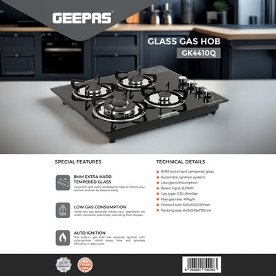 Geepas Glass Gas Hob GK4410 | 4 Burner Gas Stove with Auto Ignition | 8mm Extra-Hard Tempered Glass Surface| Low Gas Consumption & Durable Pan Support| 2 Years Warranty