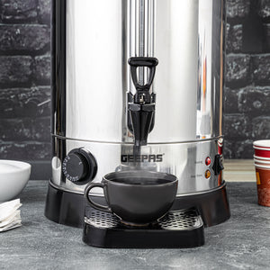 Geepas 15 liter Stainless Steel Water Boiler- GK5219/ Stainless Steel Housing, Plastic Tap/ Auto and Resettable Thermostat, Boil Dry Protection and Cool Touch Handle