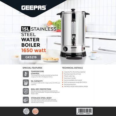 Geepas 15L Stainless Steel Water Boiler GK5219 | 1650W High Performance Electric Hot Water Dispenser| Durable Build| Safe to Use| Ideal for Home & Office|2 Years Warranty