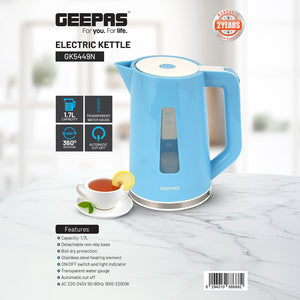 Geepas GK5449 Electric Kettle | 1.7L | Transparent Water Gauge| 360° Rotating Base| Fast Boiling | Stainless Steel Heating Element| Auto Shut-Off| 2 Years Warranty