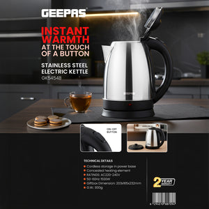 Geepas GK5454 Stainless Steel Electric Kettle | 1.8L Capacity| 1800W Power | Automatic Shut-Off| Boil-Dry Protection| Cool Touch Handle| Fast Boiling| 2 Year Warranty