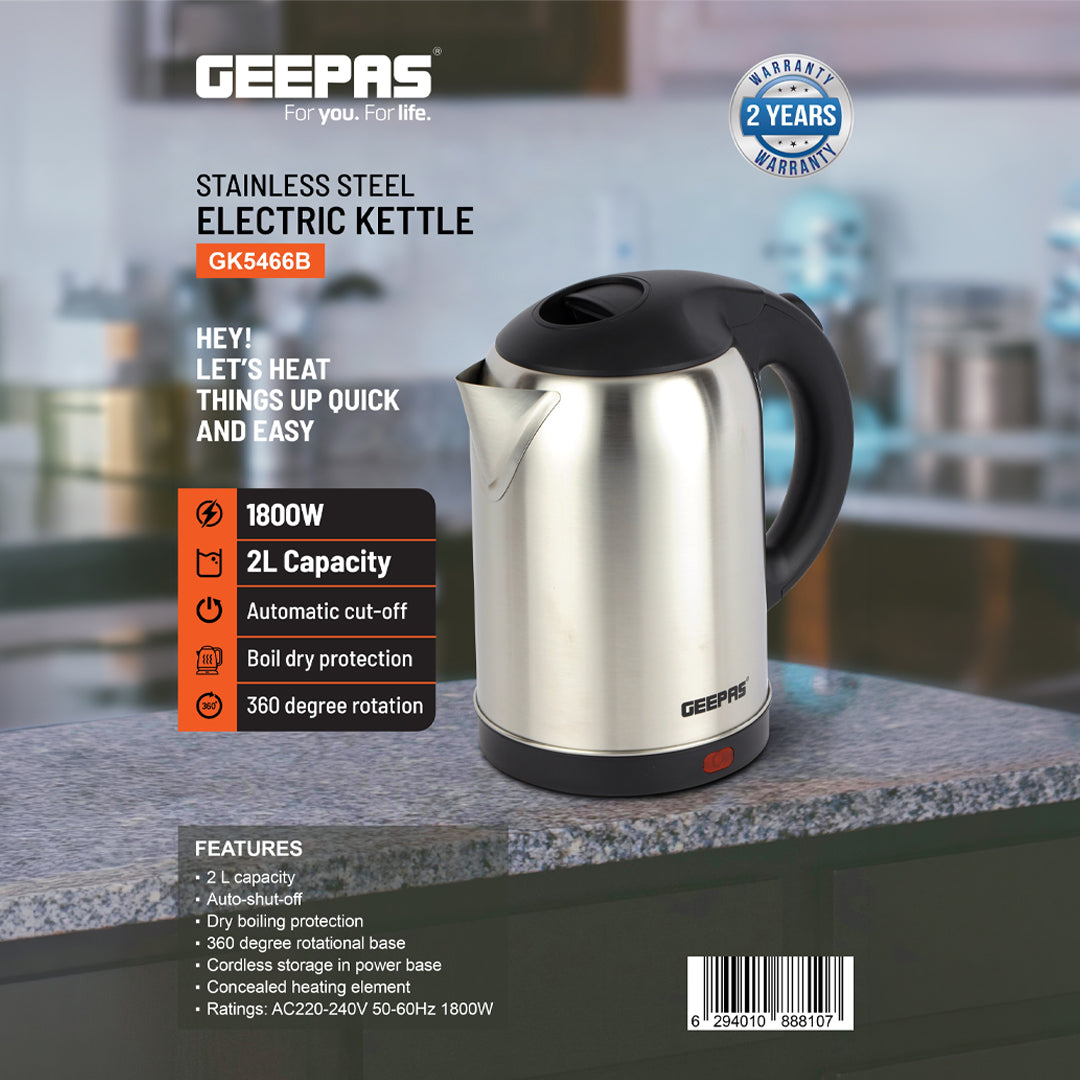 Geepas Stainless Steel Electric Kettle GK5466 | 2L Large Capacity| 1800W High Power Fast Boiling| Automatic Shut-Off| Boil-Dry Protection| Durable Design|2 Year Warranty