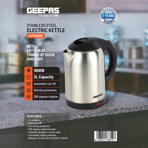 Geepas Stainless Steel Electric Kettle GK5466 | 2L Large Capacity| 1800W High Power Fast Boiling| Automatic Shut-Off| Boil-Dry Protection| Durable Design|2 Year Warranty
