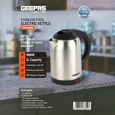 Geepas Stainless Steel Electric Kettle GK5466 | 2L Large Capacity| 1800W High Power Fast Boiling| Automatic Shut-Off| Boil-Dry Protection| Durable Design|2 Year Warranty