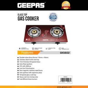 Geepas Glass Top Gas Cooker GK5602 |2 High-Efficiency Burners |8mm Thick Tempered Glass Top |Auto Ignition, Sturdy Pan Supports & Easy to Clean Design for Modern Kitchens