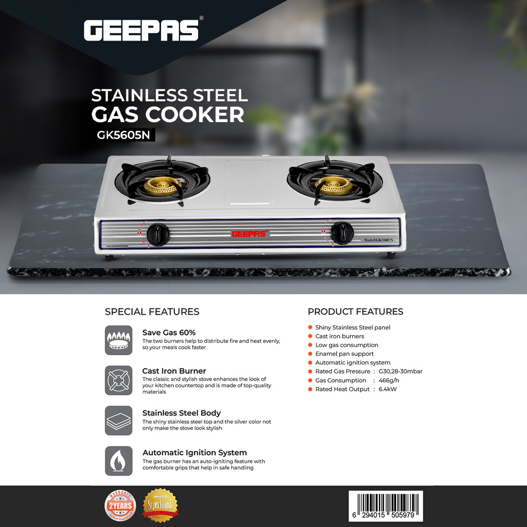 Geepas Stainless Steel Gas Cooker- GK5605/Double Cast Iron Burner Stovetop| Low Gas Consumption|Efficient Heating|Auto Ignition System| LPG Stove|Silver| 2 Years Warranty