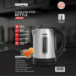 Geepas 1.8L Stainless Steel Electric Kettle | 1500W Powerful Heating Element | Fast Boiling | Auto Cut-Off Function | Boil-Dry Safety Protection | 2 Years Warranty