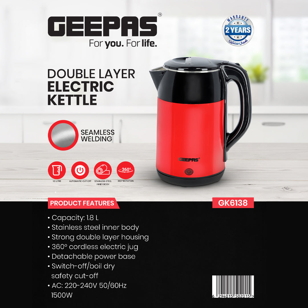 Geepas Double Layer Electric Kettle 1.8L GK6138 | 1500W Fast Boiling| Safety Cut-Off| Cool Touch Exterior| Durable Stainless Steel Design| Easy to Use| 2 Years Warranty