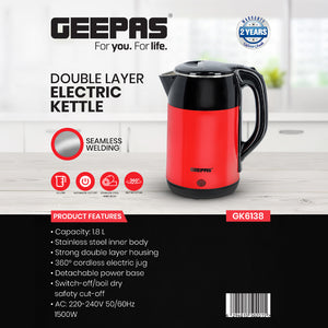 Geepas Double Layer Electric Kettle 1.8L GK6138 | 1500W Fast Boiling| Safety Cut-Off| Cool Touch Exterior| Durable Stainless Steel Design| Easy to Use| 2 Years Warranty