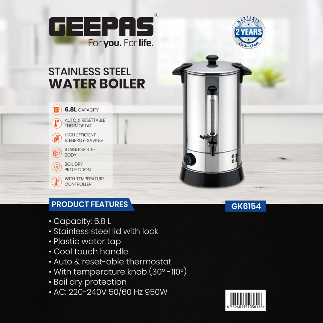 Geepas Stainless Steel Water Boiler 6.8L GK6154 | 1500W High Efficiency Electric Hot Water Dispenser| Durable Construction| Safe & Easy to Use| Perfect for Home & Office