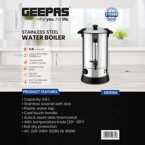 Geepas Stainless Steel Water Boiler 6.8L GK6154 | 1500W High Efficiency Electric Hot Water Dispenser| Durable Construction| Safe & Easy to Use| Perfect for Home & Office