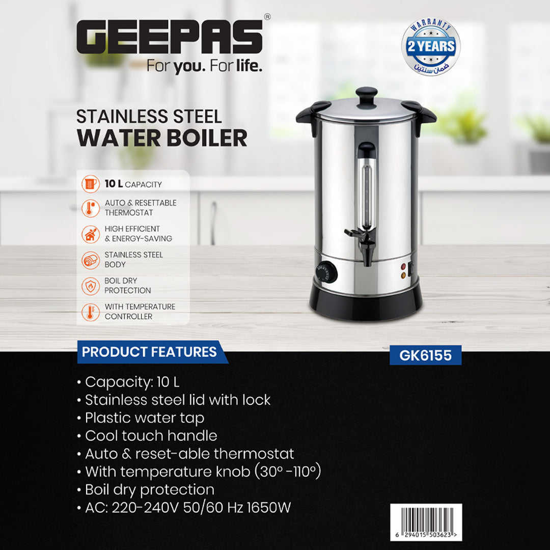 Geepas 10L Stainless Steel Water Boiler GK6155 | High Efficiency 1650W Electric Hot Water Dispenser| Durable Construction | Safe for Daily Use | 2 Years Warranty