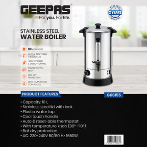 Geepas 10L Stainless Steel Water Boiler GK6155 | High Efficiency 1650W Electric Hot Water Dispenser| Durable Construction | Safe for Daily Use | 2 Years Warranty