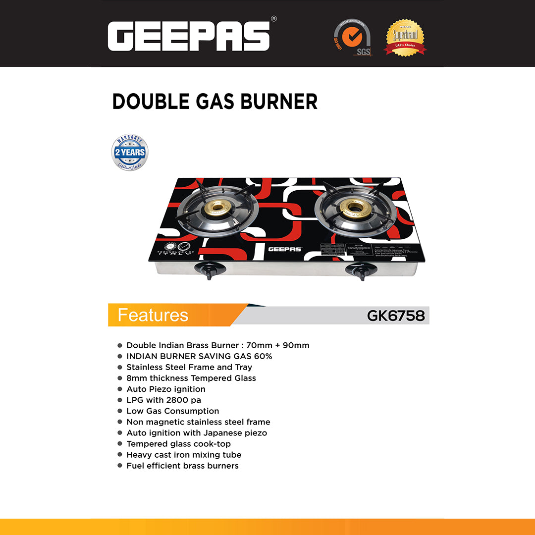 Geepas Double Gas Burner Stove | Indian Beast Burner Style |Auto Ignition Feature | Durable Cast Iron Burners | Heavy Duty Design | Energy Saving & Fuel Efficient Cooking