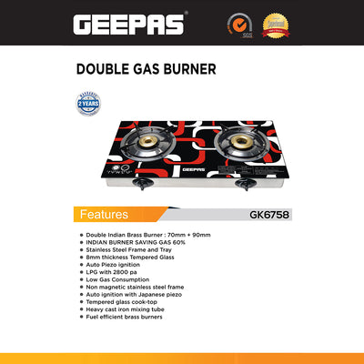 Geepas Double Gas Burner Stove | Indian Beast Burner Style |Auto Ignition Feature | Durable Cast Iron Burners | Heavy Duty Design | Energy Saving & Fuel Efficient Cooking