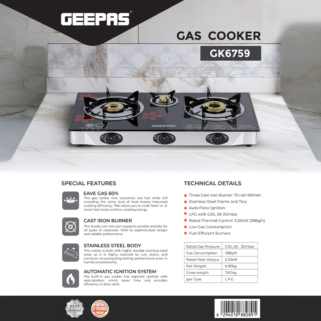 Geepas Gas Cooker GK6759 | 3 Burner Gas Stove with Auto Ignition| Durable Stainless Steel Body| Heavy-Duty Cast Iron Burners| 60% Gas Saving Technology| 2 Years Warranty
