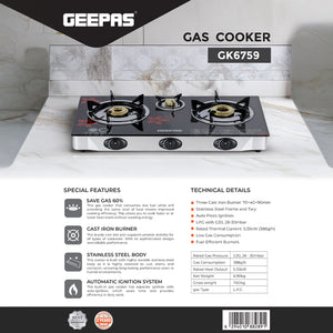 Geepas Gas Cooker GK6759 | 3 Burner Gas Stove with Auto Ignition| Durable Stainless Steel Body| Heavy-Duty Cast Iron Burners| 60% Gas Saving Technology| 2 Years Warranty