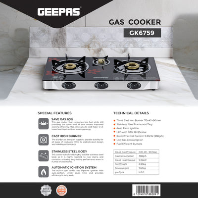 Geepas Gas Cooker GK6759 | 3 Burner Gas Stove with Auto Ignition| Durable Stainless Steel Body| Heavy-Duty Cast Iron Burners| 60% Gas Saving Technology| 2 Years Warranty
