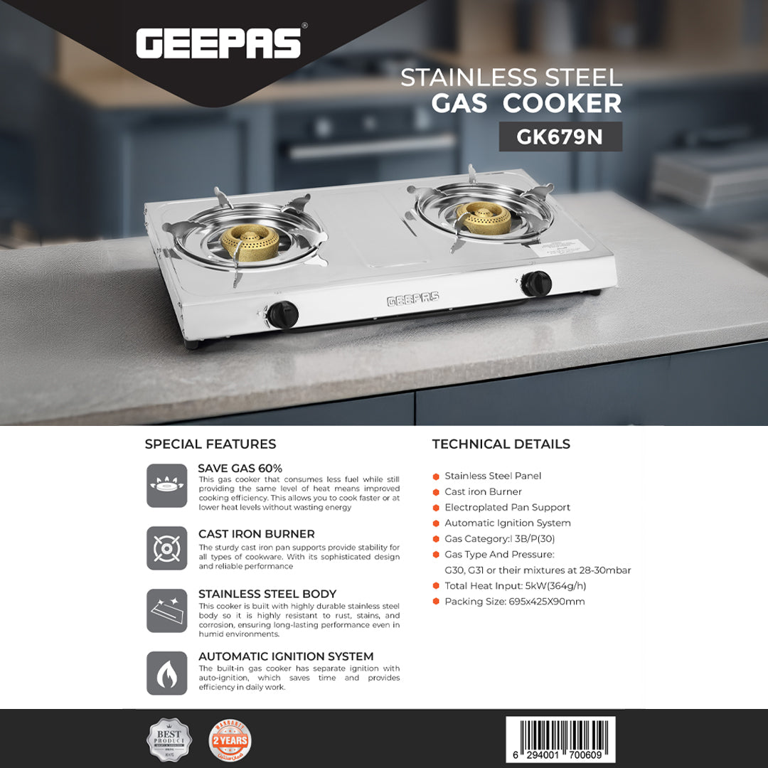 Geepas Stainless Steel Gas Cooker GK679 | Cast Iron Burners| Automatic Ignition| Gas Saving Technology| Durable Body & Efficient Heat Distribution for Daily Cooking