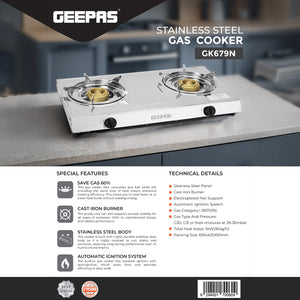 Geepas Stainless Steel Gas Cooker GK679 | Cast Iron Burners| Automatic Ignition| Gas Saving Technology| Durable Body & Efficient Heat Distribution for Daily Cooking
