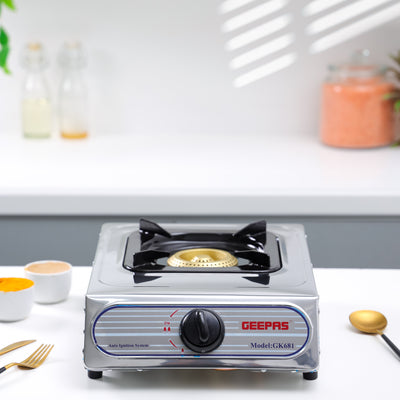 Geepas GK681 Stainless Steel Gas Cooker | Single Burner Stove with Large Twin Tube Burner | Auto Ignition System| Fuel Efficient Cast Iron Burner|  2 Years Warranty