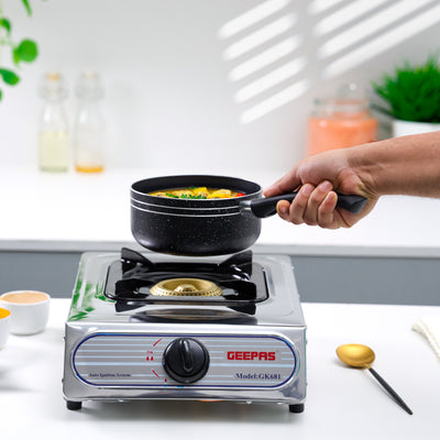 Geepas GK681 Stainless Steel Gas Cooker | Single Burner Stove with Large Twin Tube Burner | Auto Ignition System| Fuel Efficient Cast Iron Burner|  2 Years Warranty
