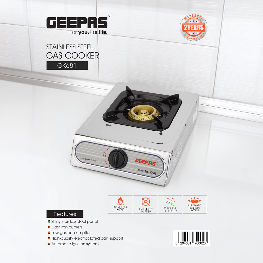 Geepas GK681 Stainless Steel Gas Cooker | Single Burner Stove with Large Twin Tube Burner | Auto Ignition System| Fuel Efficient Cast Iron Burner|  2 Years Warranty