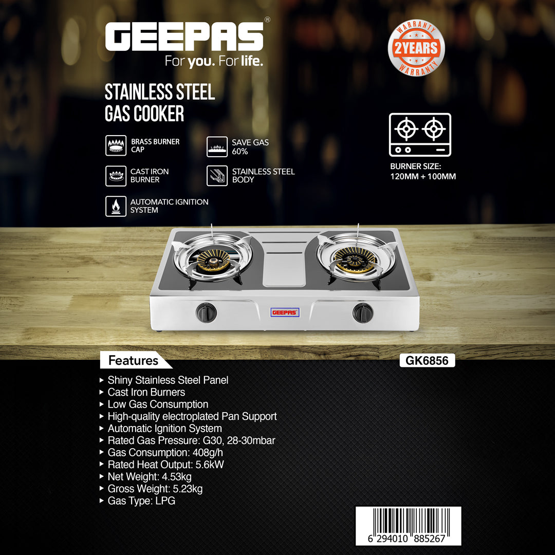Geepas GK6856 Stainless Steel Gas Cooker | 2 Cast Iron Burners | Automatic Ignition System | High Efficiency 5.6KW Power | Low Gas Consumption | Save 60% |2-Year Warranty