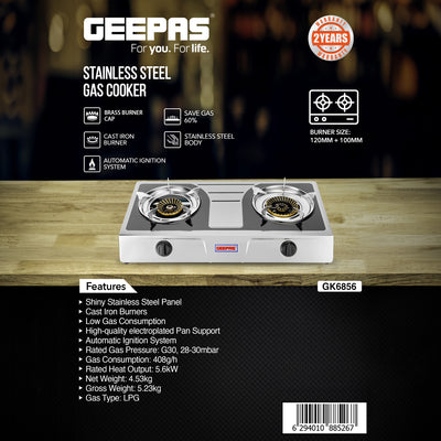 Geepas GK6856 Stainless Steel Gas Cooker | 2 Cast Iron Burners | Automatic Ignition System | High Efficiency 5.6KW Power | Low Gas Consumption | Save 60% |2-Year Warranty