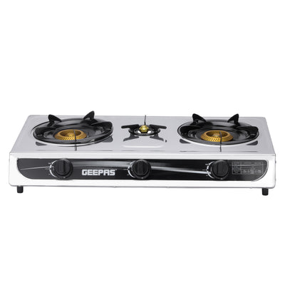 Geepas GK6857 Triple Burner Gas Cooker | Stainless Steel Body| 3  Burners| Auto Ignition System | 5.60kW Powerful Heat Output | Easy Cleaning Design & 2-Year Warranty