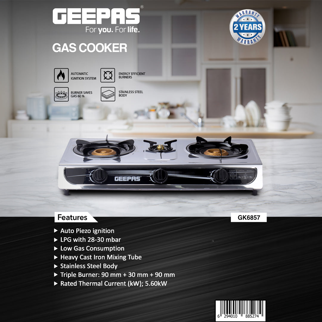 Geepas GK6857 Triple Burner Gas Cooker | Stainless Steel Body| 3  Burners| Auto Ignition System | 5.60kW Powerful Heat Output | Easy Cleaning Design & 2-Year Warranty