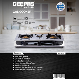 Geepas GK6857 Triple Burner Gas Cooker | Stainless Steel Body| 3  Burners| Auto Ignition System | 5.60kW Powerful Heat Output | Easy Cleaning Design & 2-Year Warranty