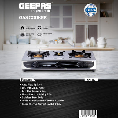 Geepas GK6857 Triple Burner Gas Cooker | Stainless Steel Body| 3  Burners| Auto Ignition System | 5.60kW Powerful Heat Output | Easy Cleaning Design & 2-Year Warranty