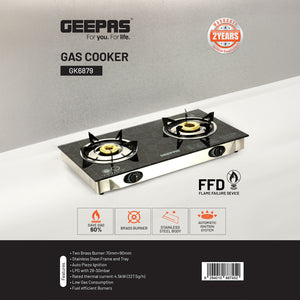 Geepas GK6879 Stainless Steel Gas Cooker | 2  Burners | Auto Piezo Ignition | Flame Failure Safety  | 5.4KW Power |Low Gas Consumption | Save 60% Energy |2 Years Warranty
