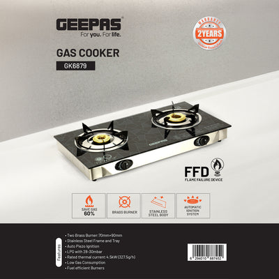 Geepas GK6879 Stainless Steel Gas Cooker | 2  Burners | Auto Piezo Ignition | Flame Failure Safety  | 5.4KW Power |Low Gas Consumption | Save 60% Energy |2 Years Warranty