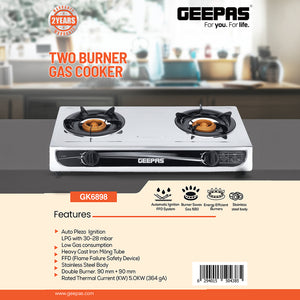 Geepas GK6898 Two Burner Gas Cooker | Stainless Steel Body| 2 High Efficiency Burners| Auto Ignition System| Flame Failure Device| Easy Cleaning Design |2 Years Warranty