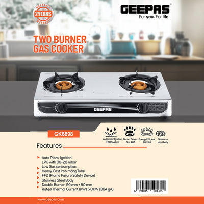 Geepas GK6898 Two Burner Gas Cooker | Stainless Steel Body| 2 High Efficiency Burners| Auto Ignition System| Flame Failure Device| Easy Cleaning Design |2 Years Warranty